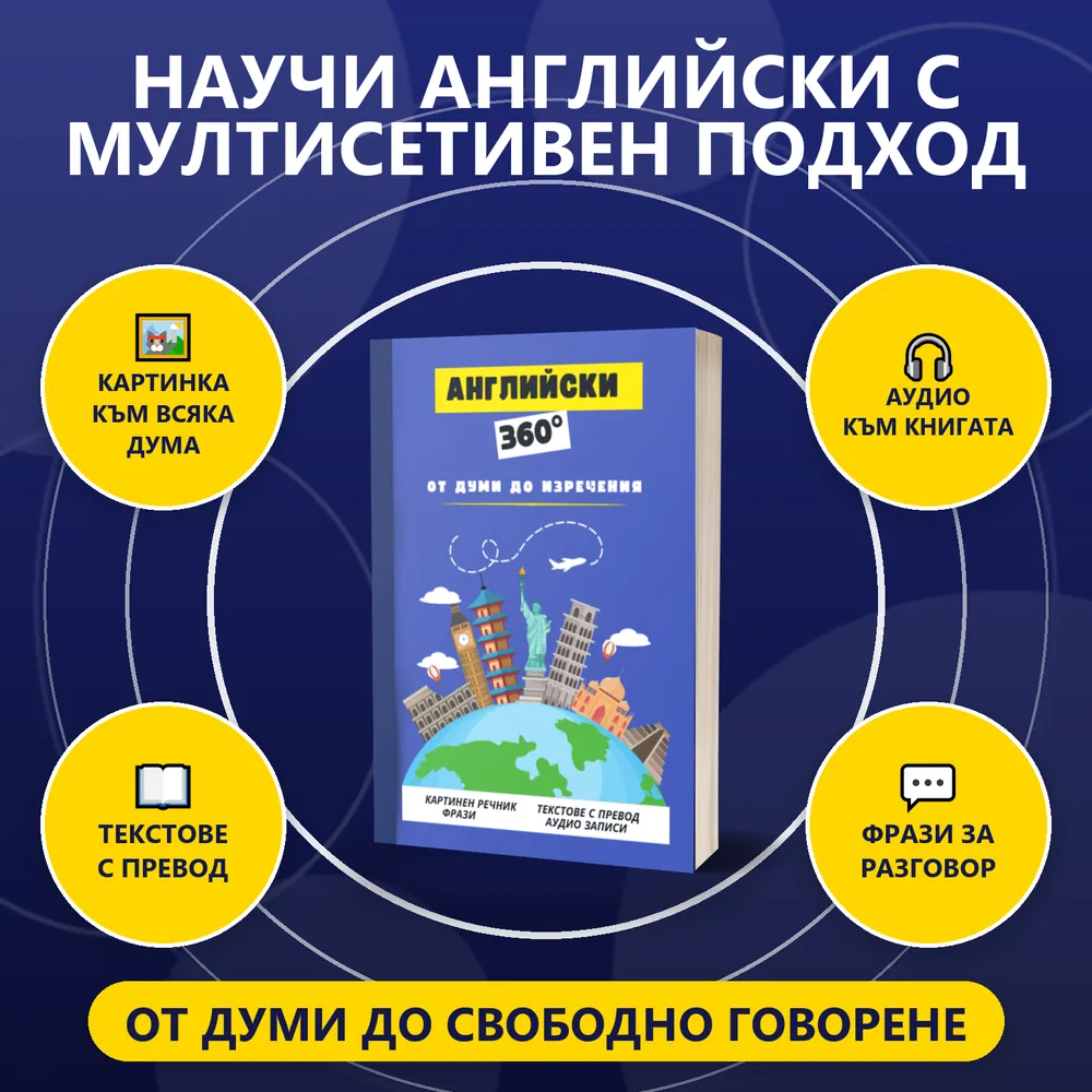 „Английски 360°“ - научи английски с мултисетивен подход, от думи до свободно говорене: картинка към всяка дума, аудио към книгата, текстове с превод, фрази за разговор